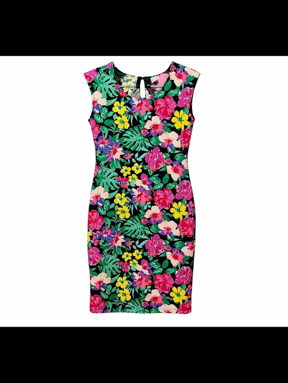 FRENCH ATMOSPHERE DRESS SIZE LARGE BLACK WITH BRIGHT FLORAL PATTERN‎